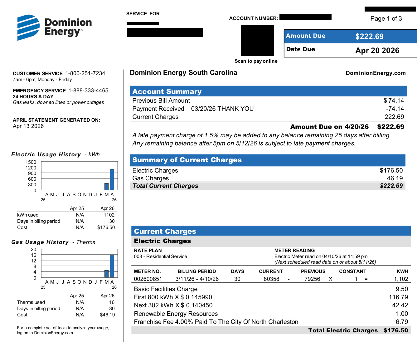 Redacted Dominion bill — April 2026, the standard Rate 8 plan before the switch