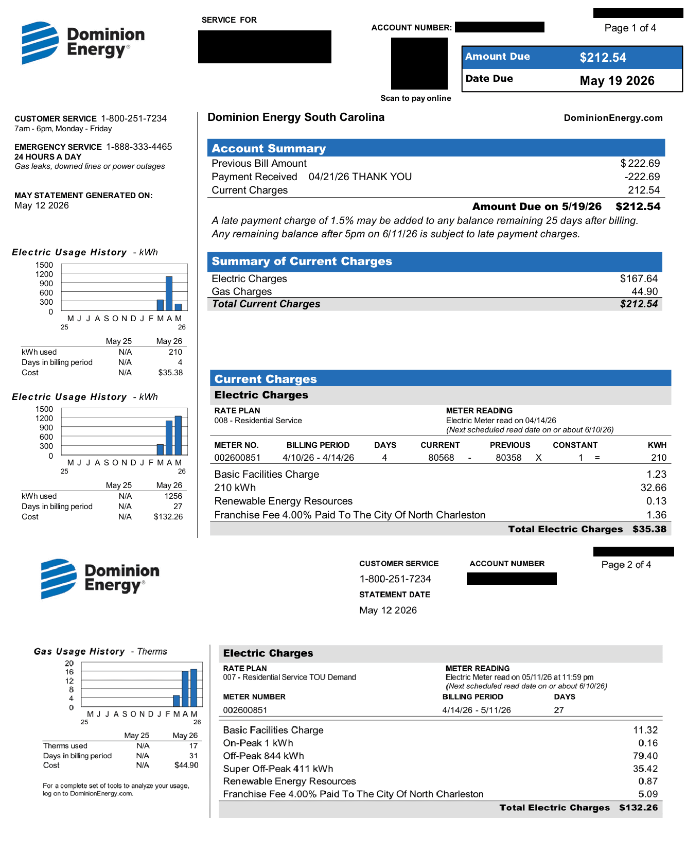Redacted Dominion bill — May 2026, the transition month showing both Rate 8 and Rate 7