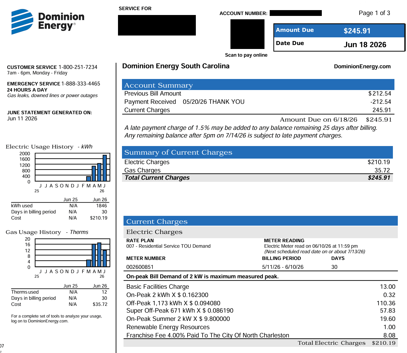 Redacted Dominion bill — June 2026, first full month on Rate 7 with the battery