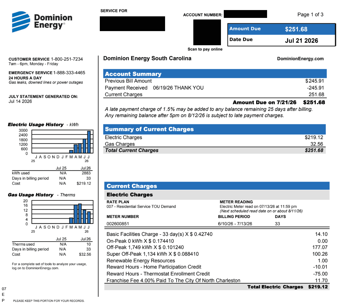 Redacted Dominion bill — July 2026, peak summer on Rate 7 with the battery, zero on-peak usage