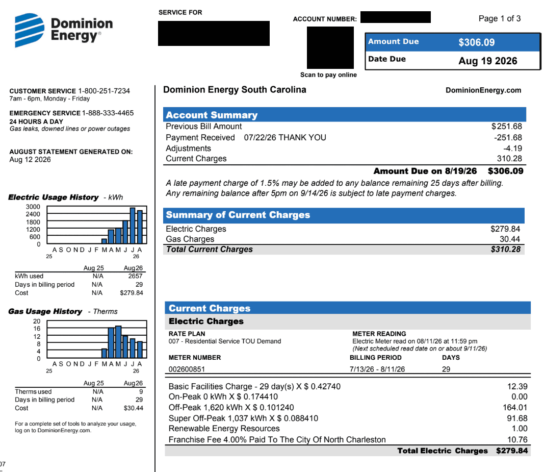 Redacted Dominion bill — August 2026, Rate 7 with the battery, zero on-peak usage