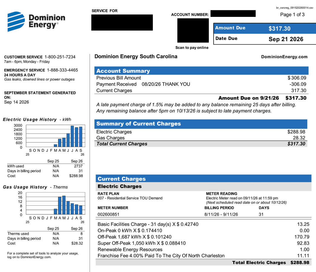 Redacted Dominion bill — September 2026, Rate 7 with the battery, zero on-peak usage