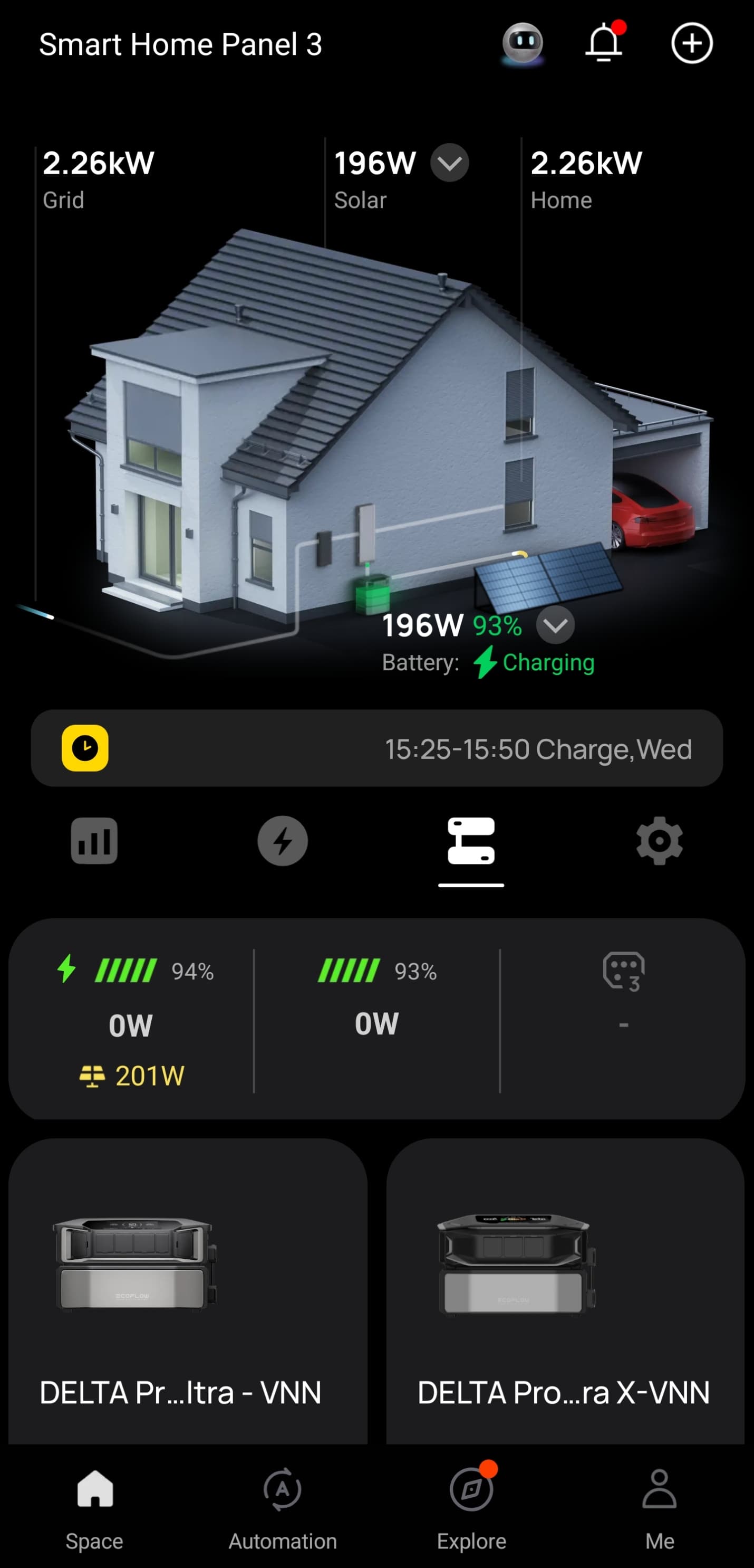 EcoFlow app live dashboard — grid, solar and home power flow, both batteries around 93%, with solar coming in
