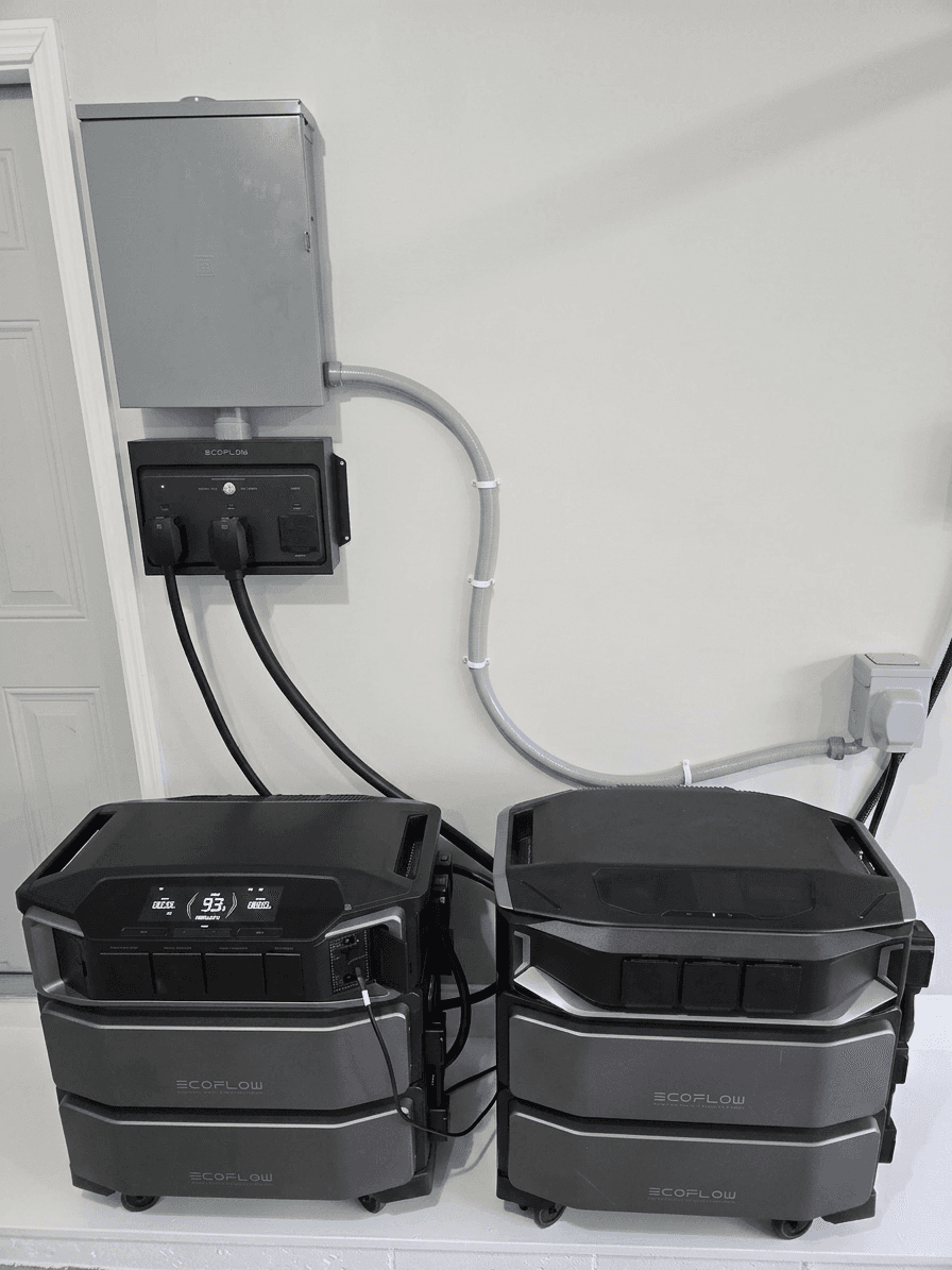 My EcoFlow battery system in the garage — two DELTA Pro Ultra stacks and the smart inlet box